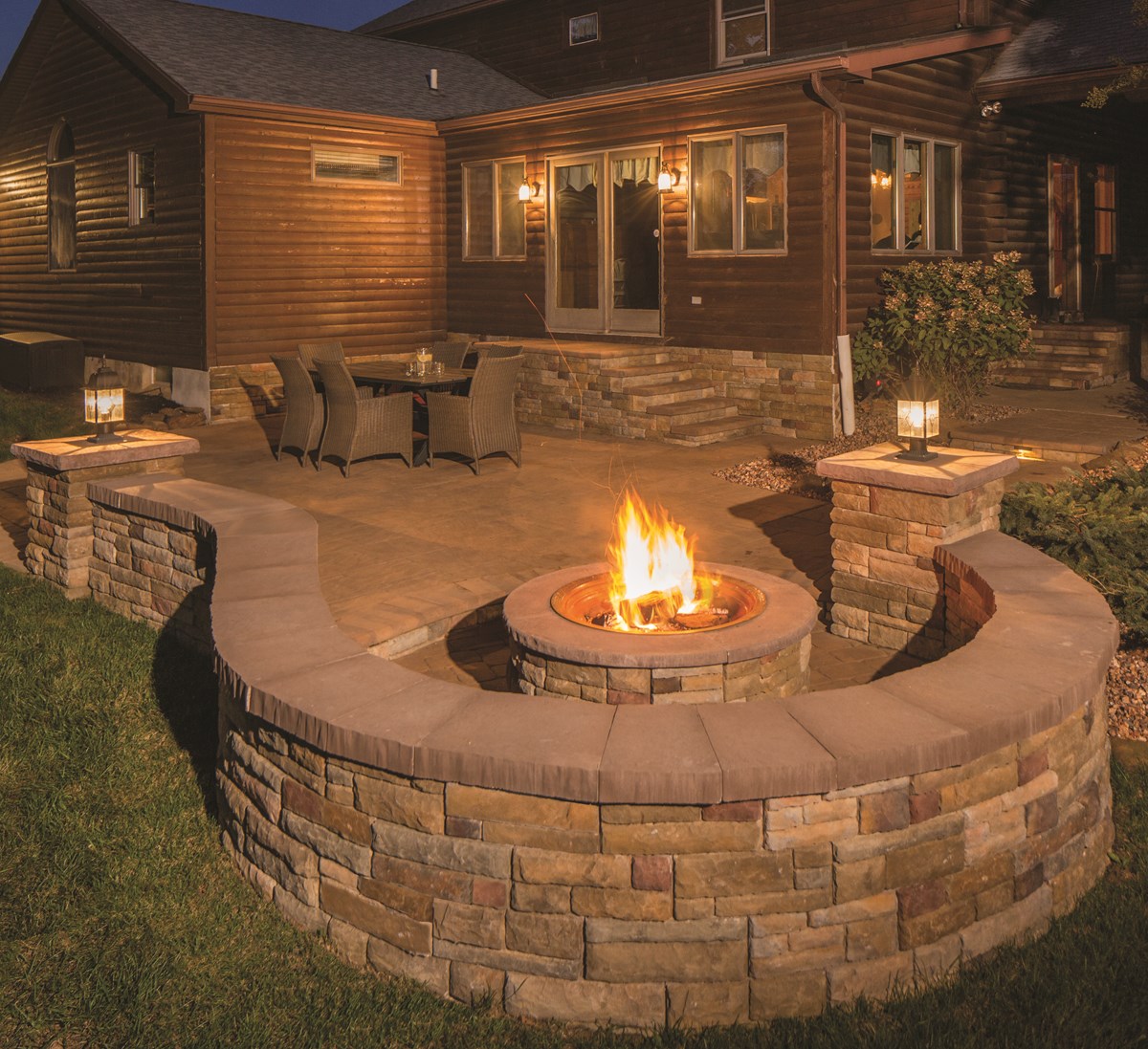 47_Rustic, outdoor evening scene with lit fire pit. Small ...
