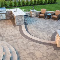 EP Henry Bristol Stone I and II Pewter Blend Random Installation; Old Towne Cobble Charcoal border; Cast Veneer Stone EZ Fit