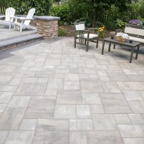 EP Henry Bristol Stone Smooth I Pewter Blend 16 Random Installation; Forma Charcoal border; Double Sided Cast Stone Wall Aspen paver